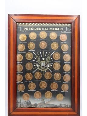 Vintage Lot of 33 Presidential Medals Coin 1" Collection Display in Wooden Frame